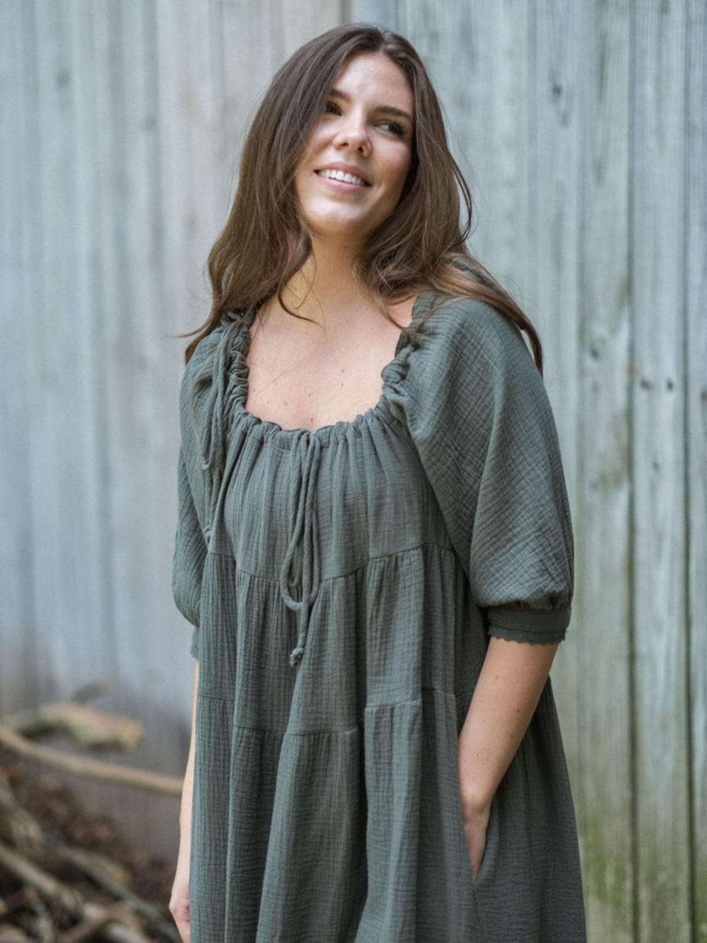 Nueflora Olive Green Peasant Tiered Cotton Top with Tie Neck